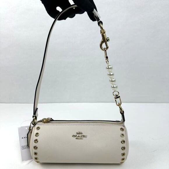Coach Nolita Barrel Bag Leather Grommets Gold/Chalk + Free Extended Chain NWT - Picture 1 of 16